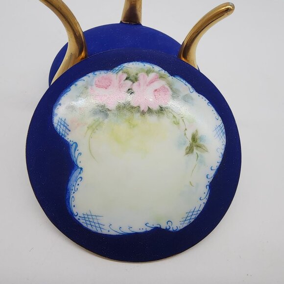 VTG Cobalt Blue Porcelain Footed Trinket Box Painted Floral Lid By E. Cumbria - Picture 6 of 11